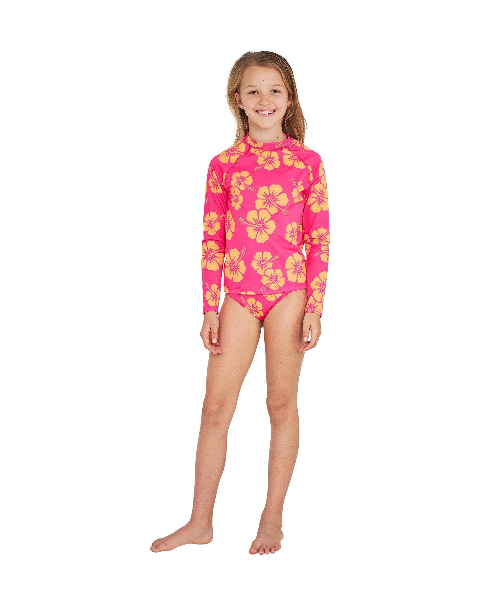 Okanui Summer Girl Long sleeve rashie in Hibiscus Pink Melon showing the whole body details.