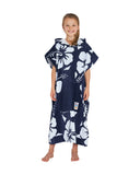 Front view of a girl with hood off wearing the Okanui Hooded Towel in Hibiscus Navy color