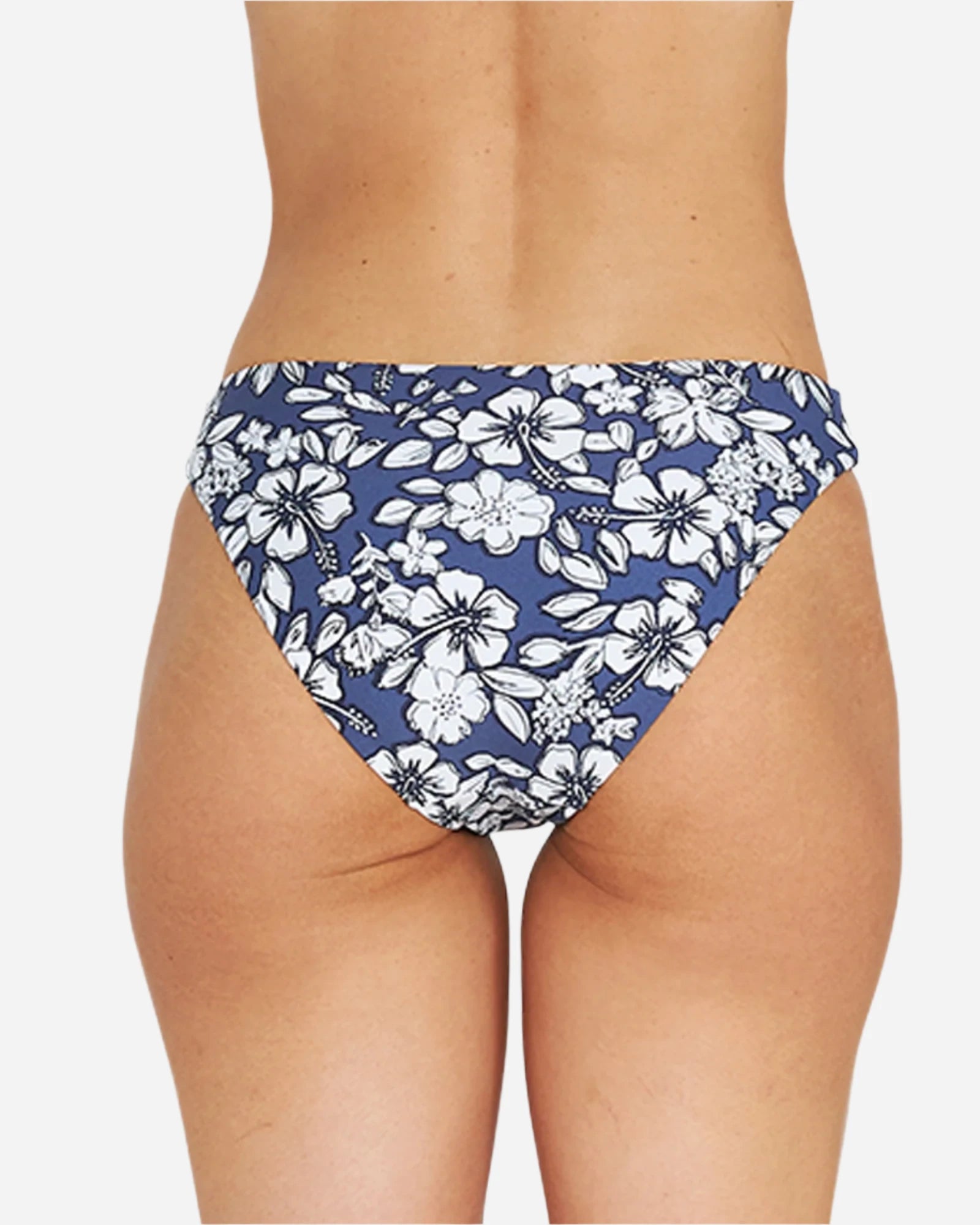 a navy swimsuit bottom with a flower garden design showing the back details.