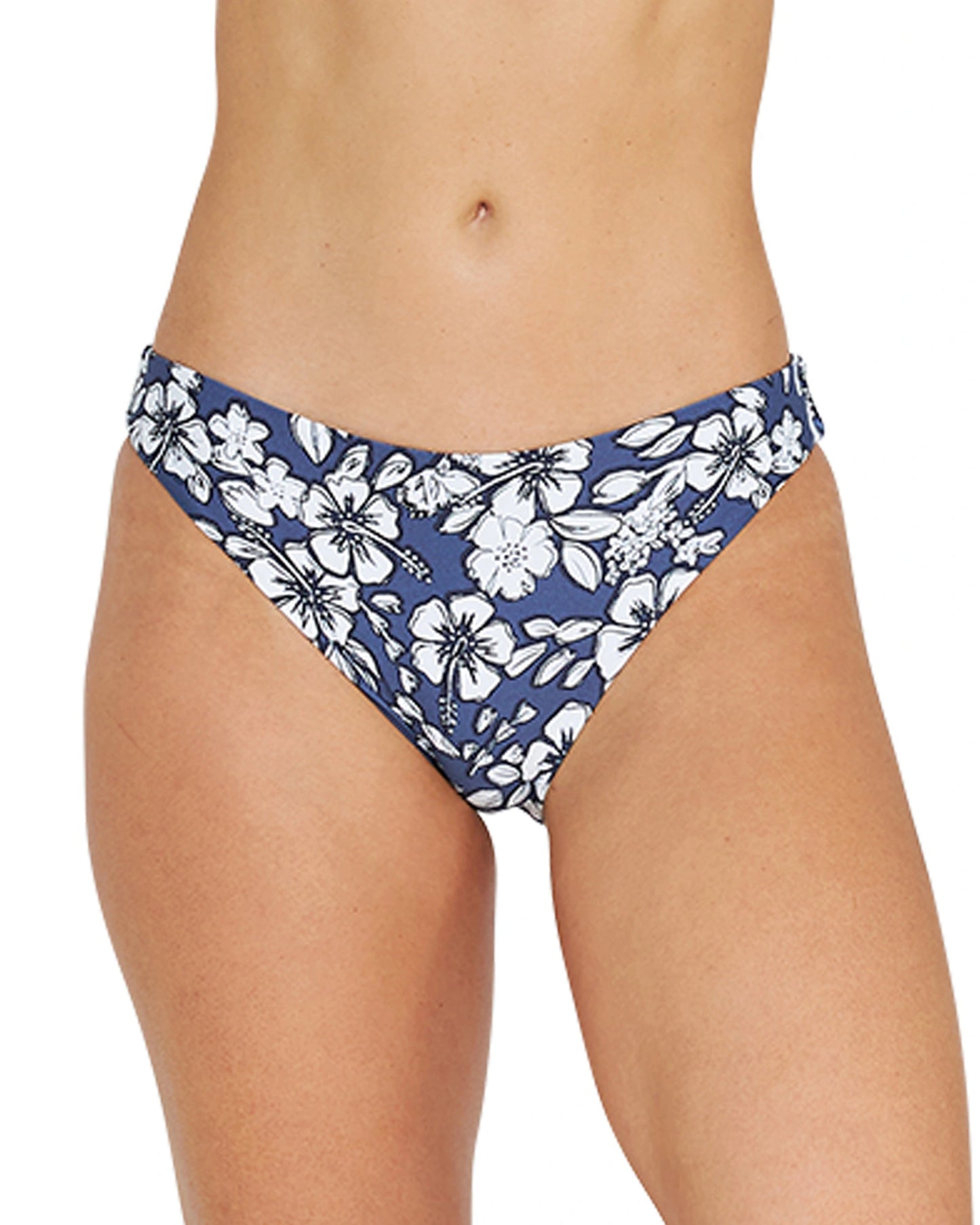 a navy swimsuit bottom with a flower garden design showing the front details.