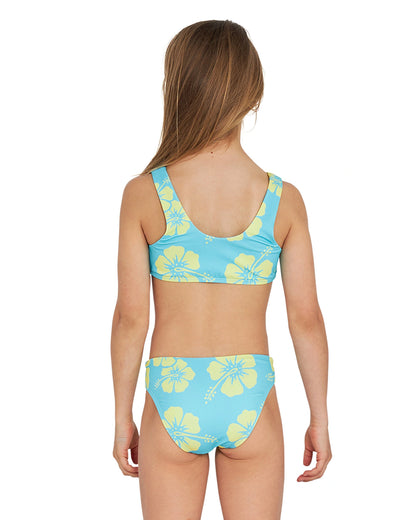 Close up back view of a girl wearing the Okanui crop bikini set in Hibiscus Aqua Yellow