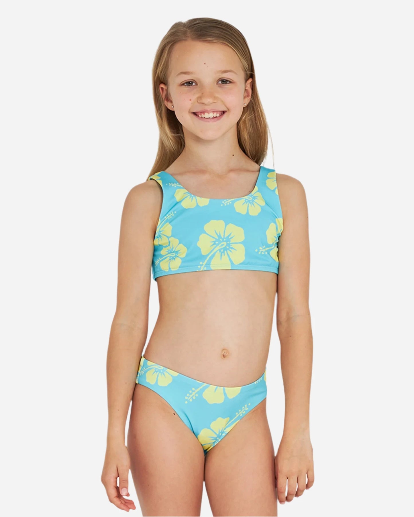 Front view of a girl wearing the Okanui crop bikini set in Hibiscus Aqua Yellow