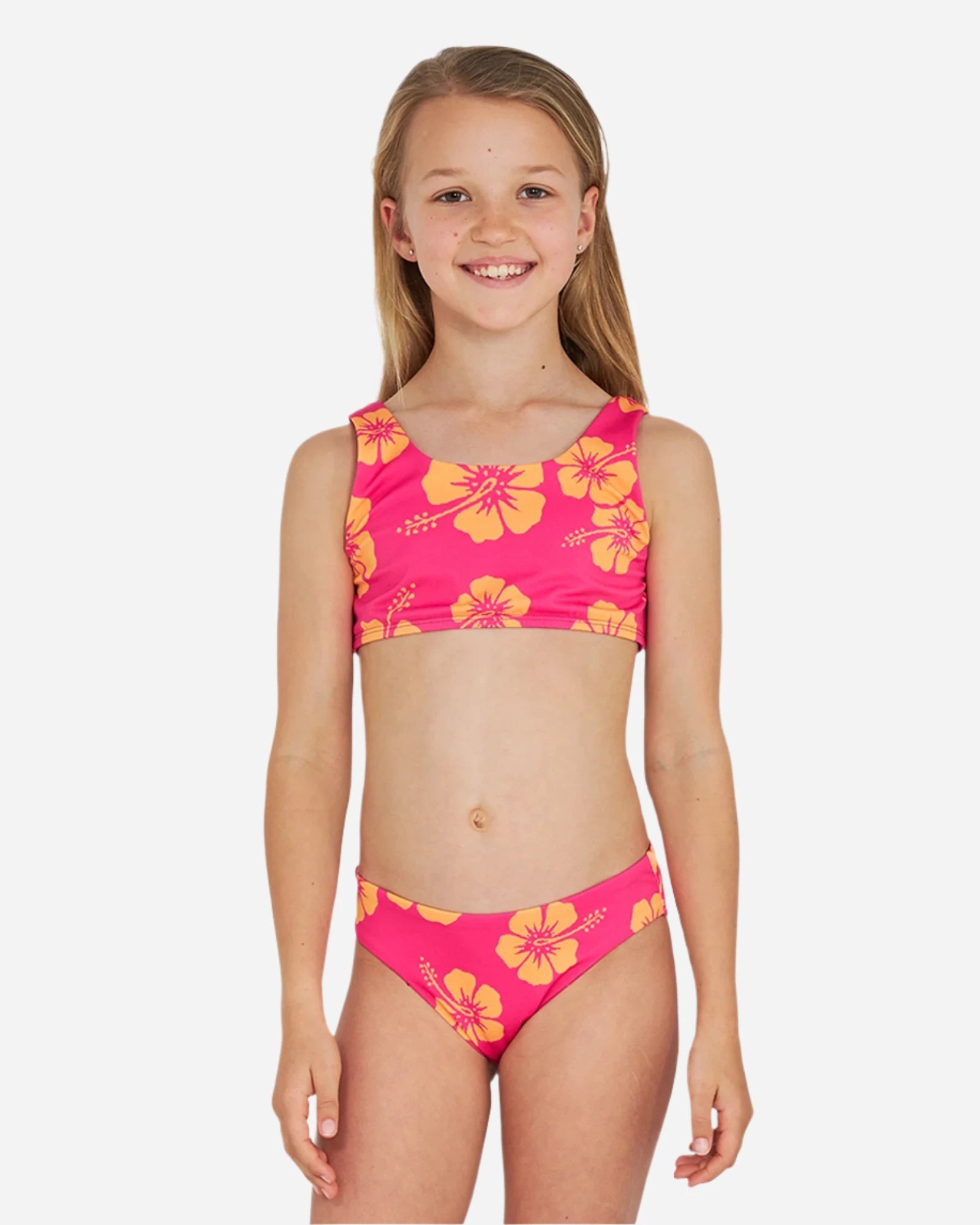 Front view of a girl wearing the Okanui crop bikini set in Hibiscus Pink Melon