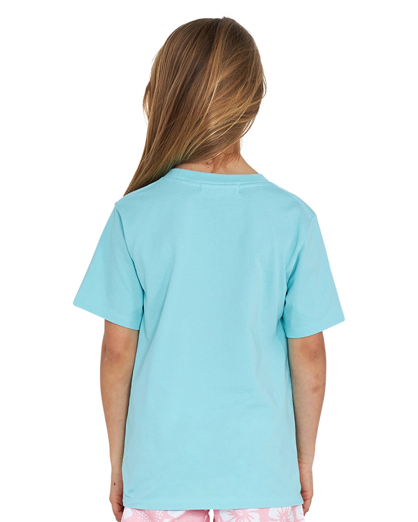 Closeup back view of a girl wearing the Okanui Logo Tee T-shirt in Washed Aqua