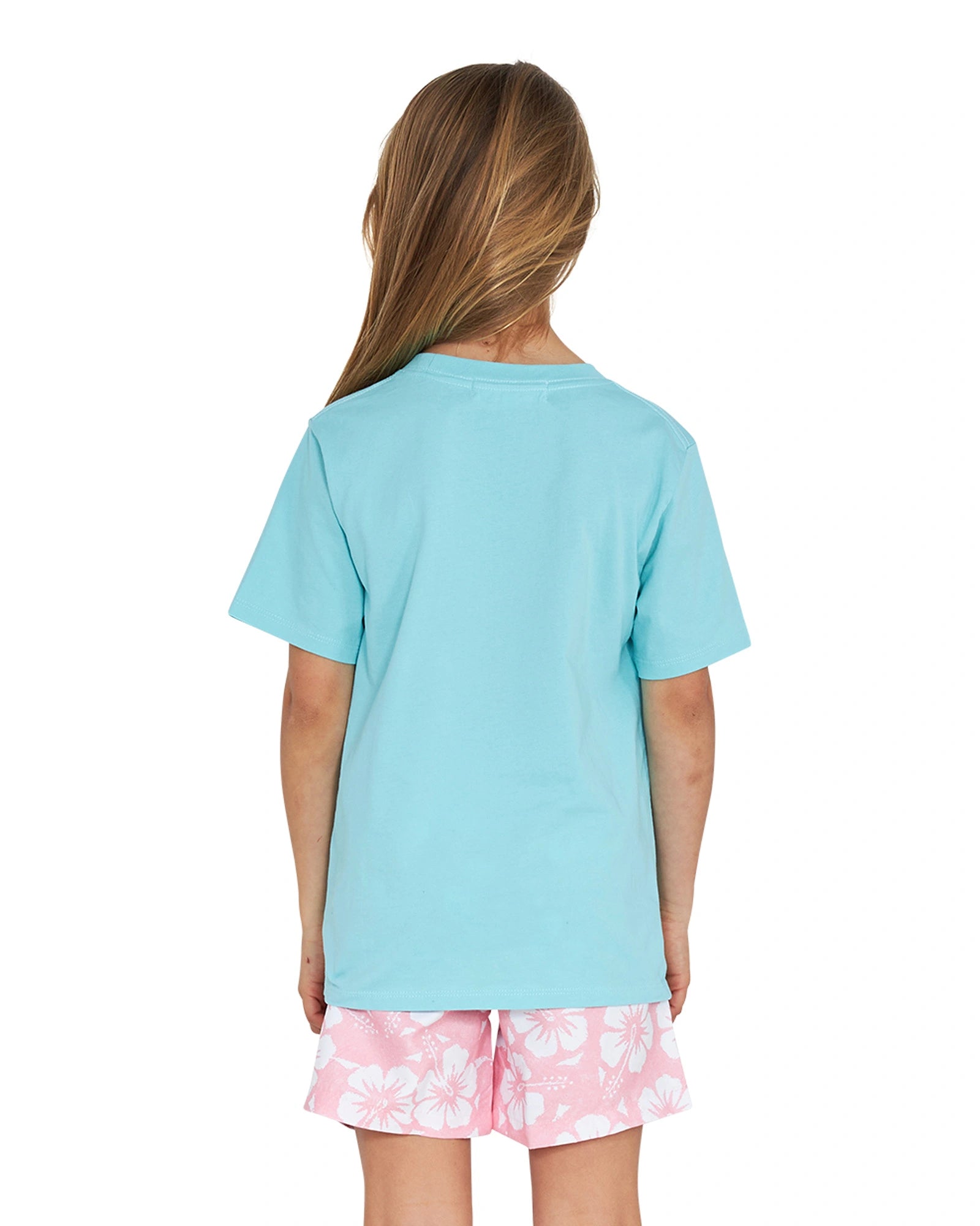 Back view of a girl wearing the Okanui Logo Tee T-shirt in Washed Aqua