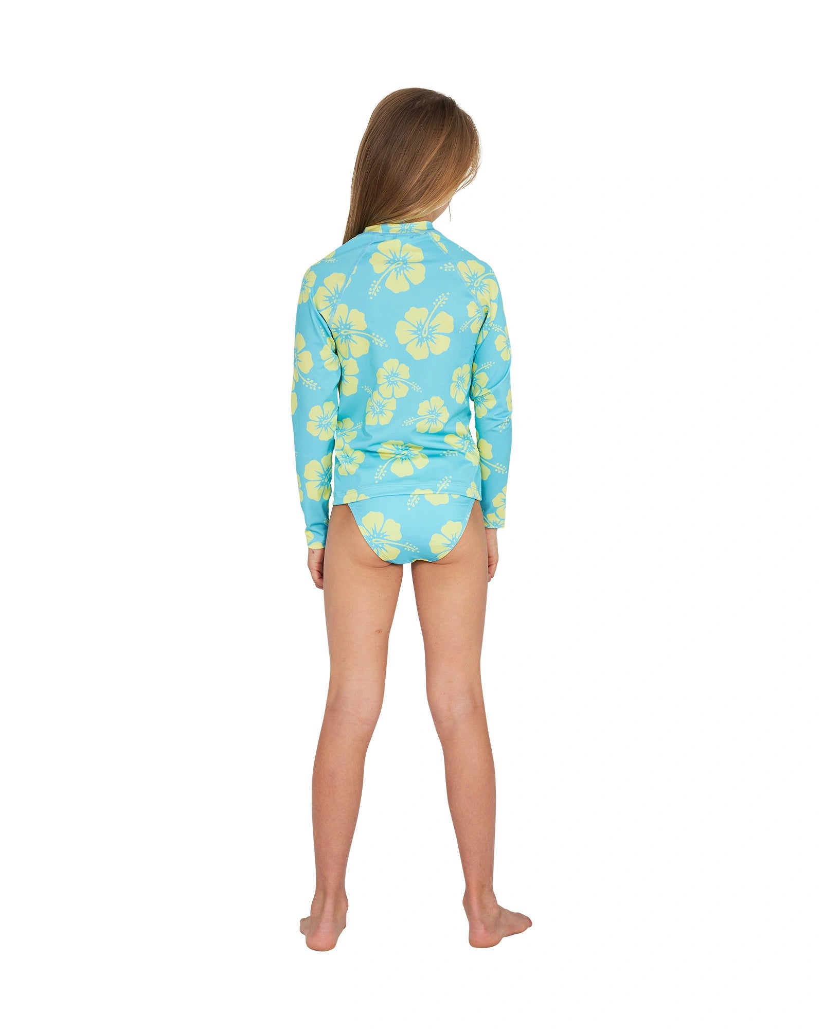 The back view of Okanui Summer Girl's long sleeve rashie in Hibiscus Aqua Yellow.