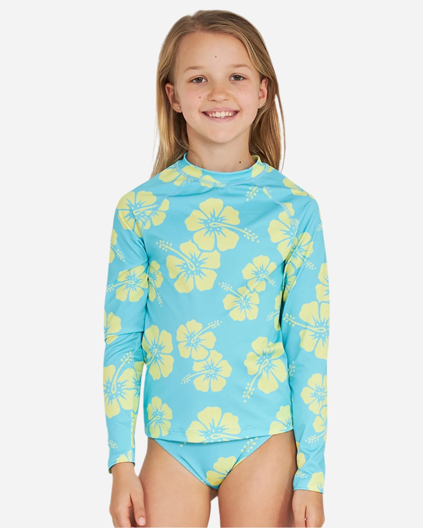 Girl's long sleeve set of Okanui Summer rashie in Hibiscus Aqua.