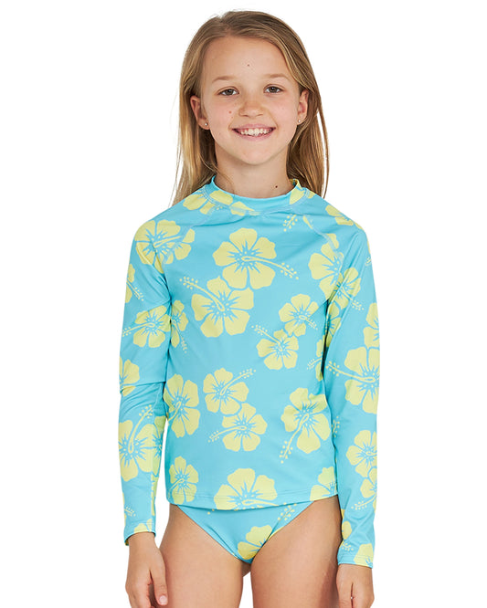 Girl's long sleeve set of Okanui Summer rashie in Hibiscus Aqua.