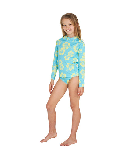 Okanui Summer Girl Long sleeve rashie in Hibiscus Aqua yellow showing the side details.