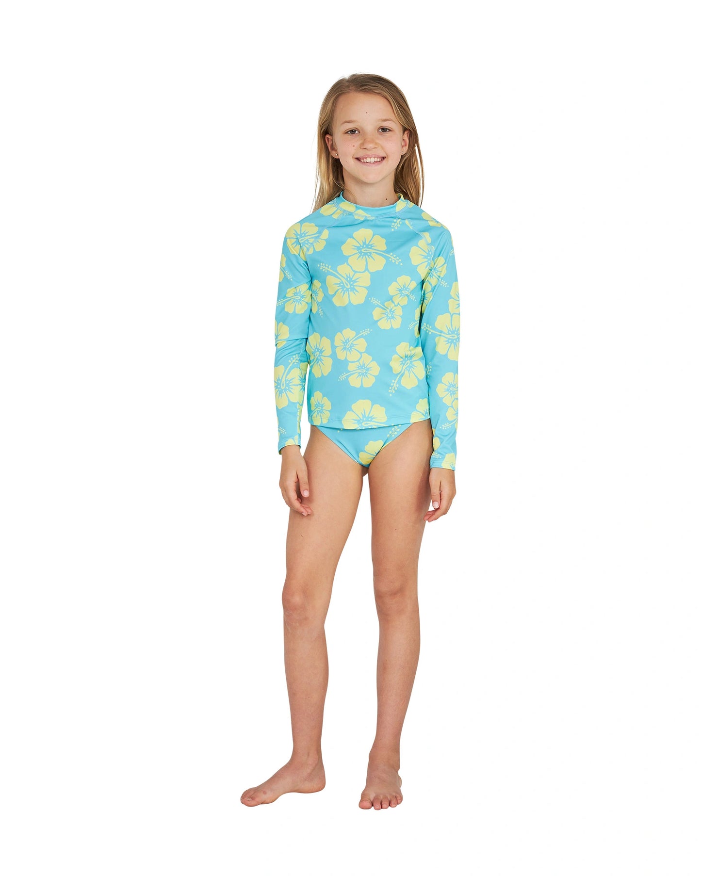 Full view of Okanui Summer Girl's long sleeve rashie in Hibiscus Aqua.