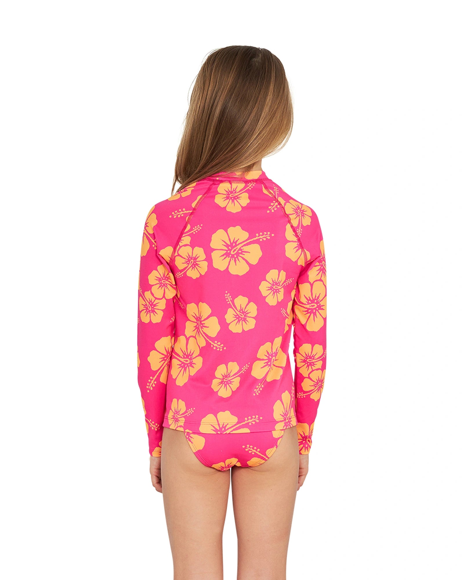 Okanui Summer Girl Long sleeve rashie in Hibiscus Pink Melon showing the back details. 