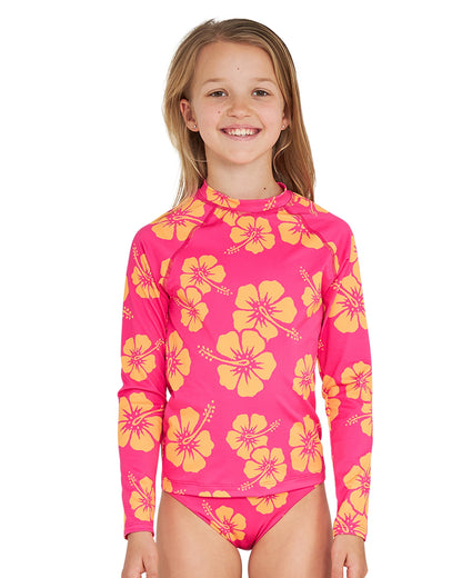 Full set of Okanui Summer Girl Long sleeve rashie in Hibiscus Pink Melon.