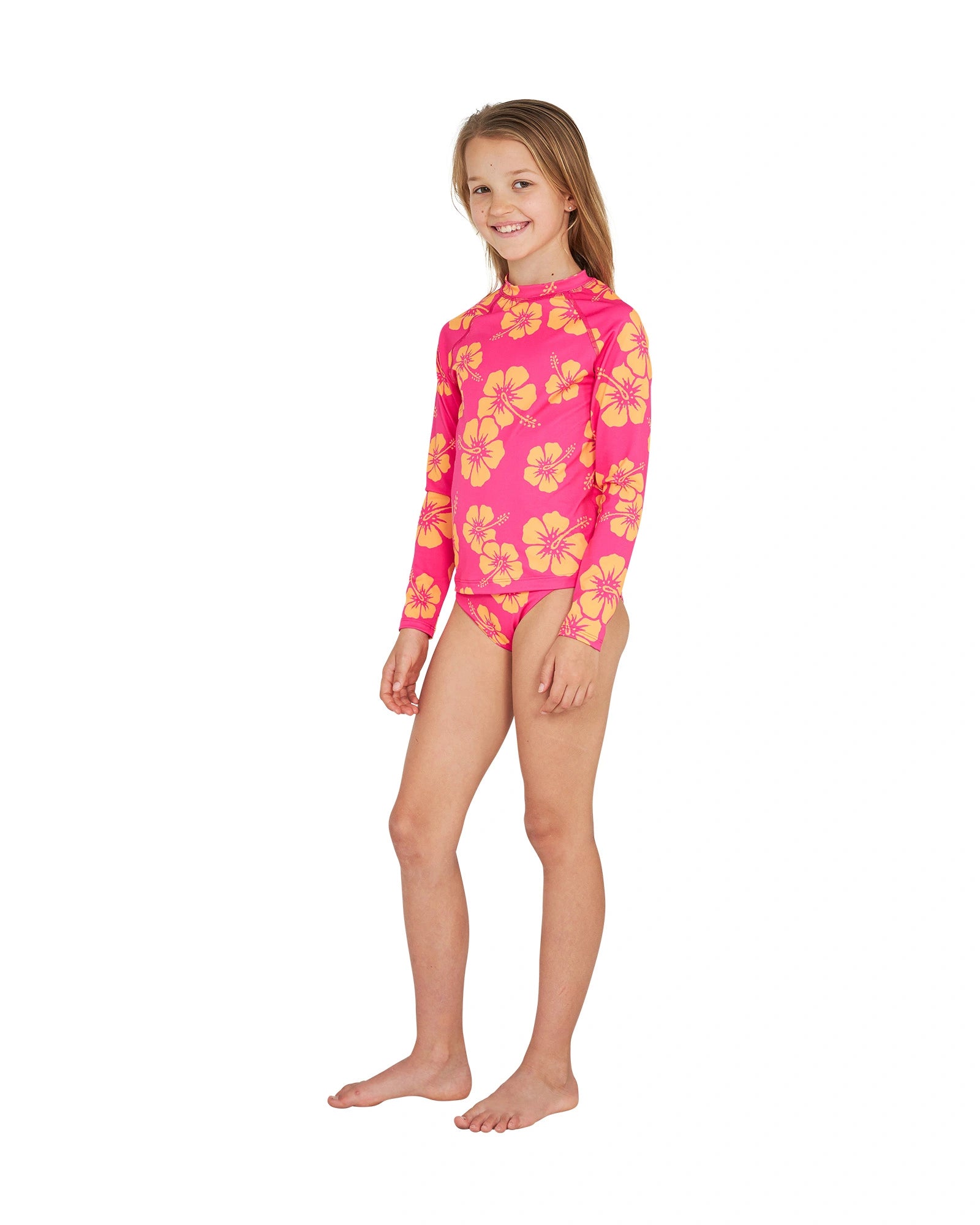 Okanui Summer Girl Long sleeve rashie in Hibiscus Pink Melon showing the side details.