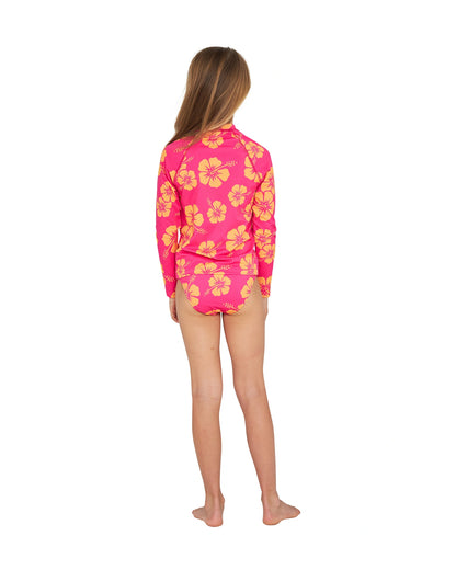 Back details of Okanui Summer Girl Long sleeve rashie in Hibiscus Pink Melon.