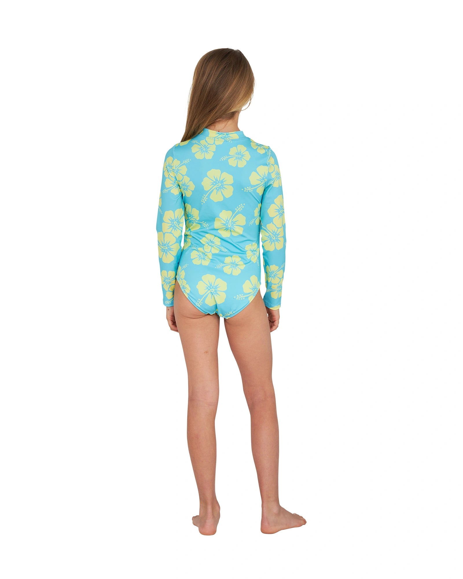 Full body back view of a girl wearing the Okanui long sleeve one piece swimsuit for girls in Hibiscus Aqua Yellow