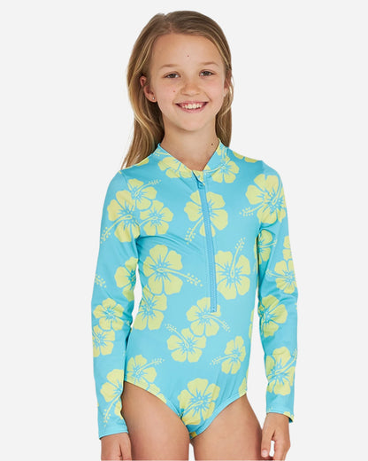 Front view of a girl wearing the Okanui long sleeve one piece swimsuit for girls in Hibiscus Aqua Yellow