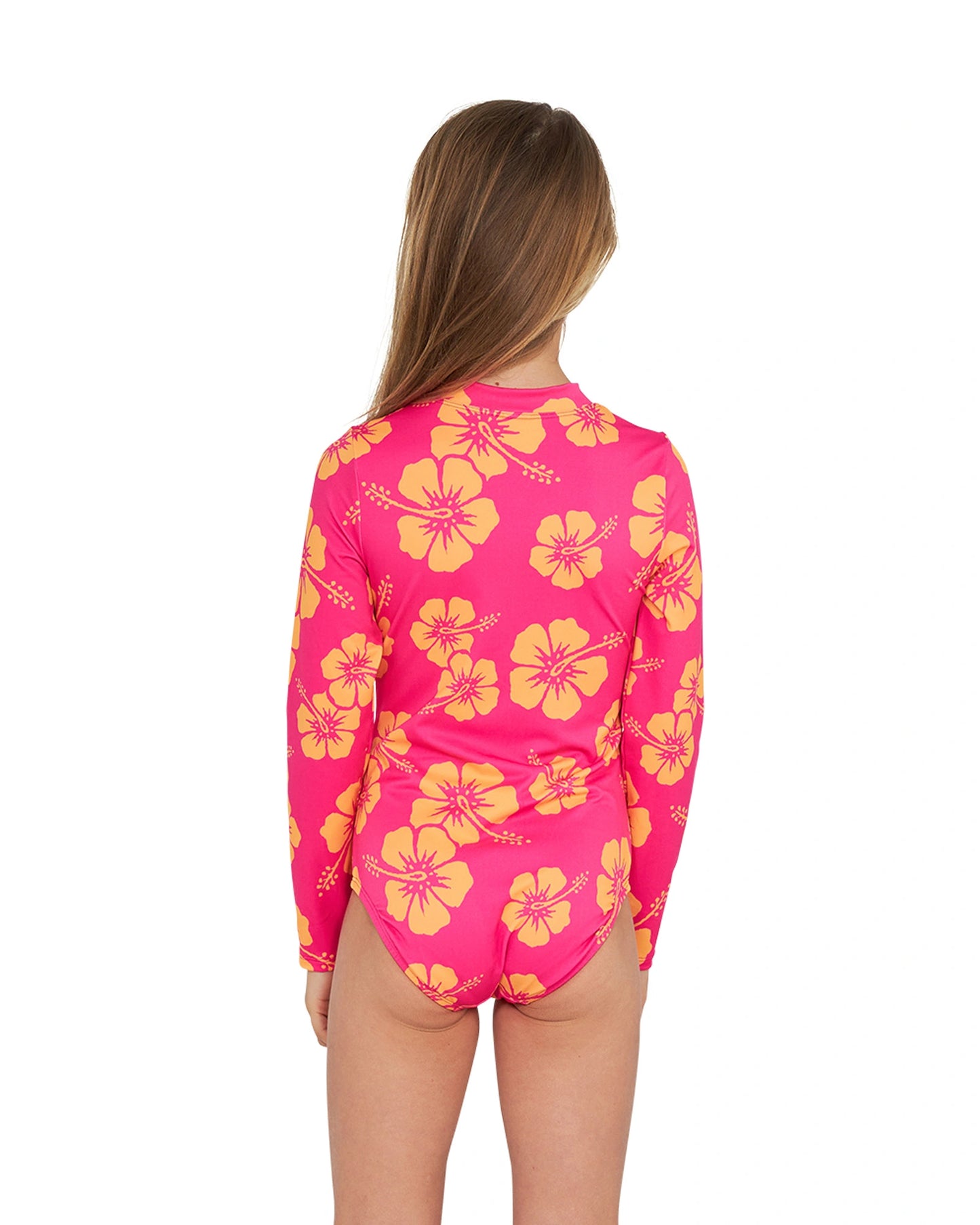 Close up back view of a girl wearing the Okanui long sleeve one piece bikini swimsuit for girls in Hibiscus Pink Melon