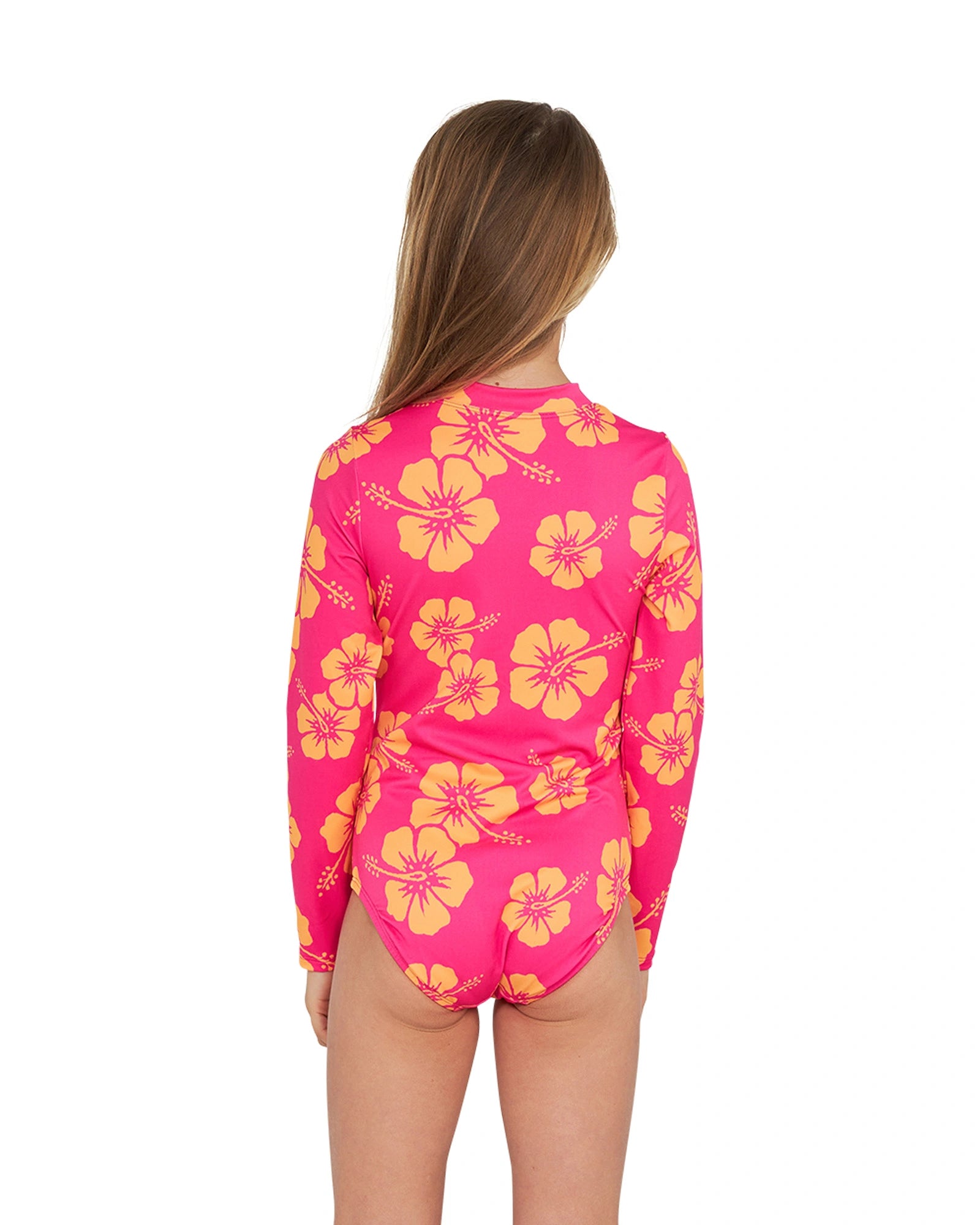 Close up back view of a girl wearing the Okanui long sleeve one piece bikini swimsuit for girls in Hibiscus Pink Melon