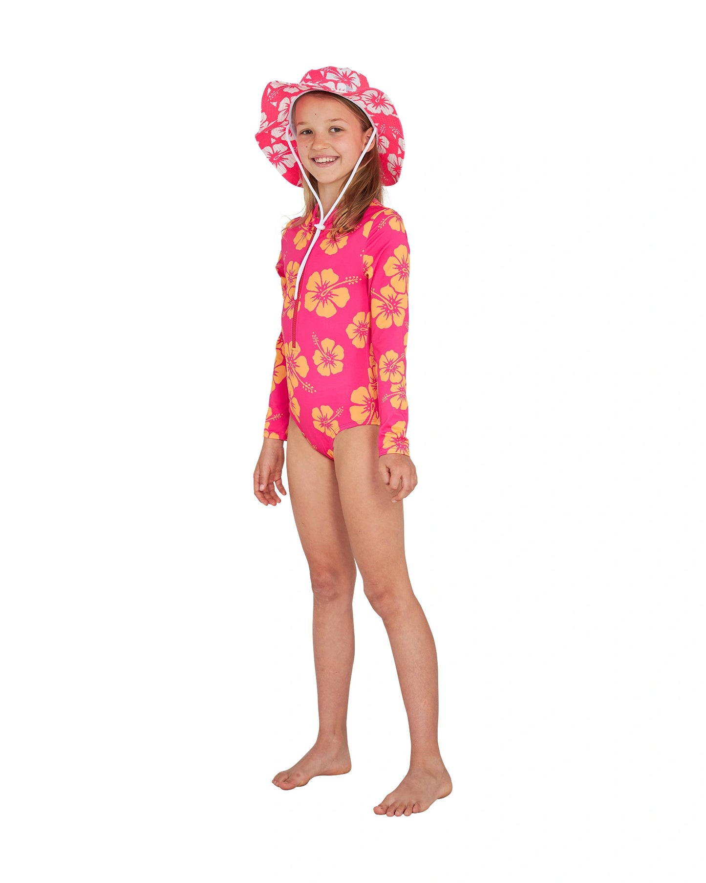 Girls - Swim One Piece - Long Sleeve - Hibiscus Melon Pink