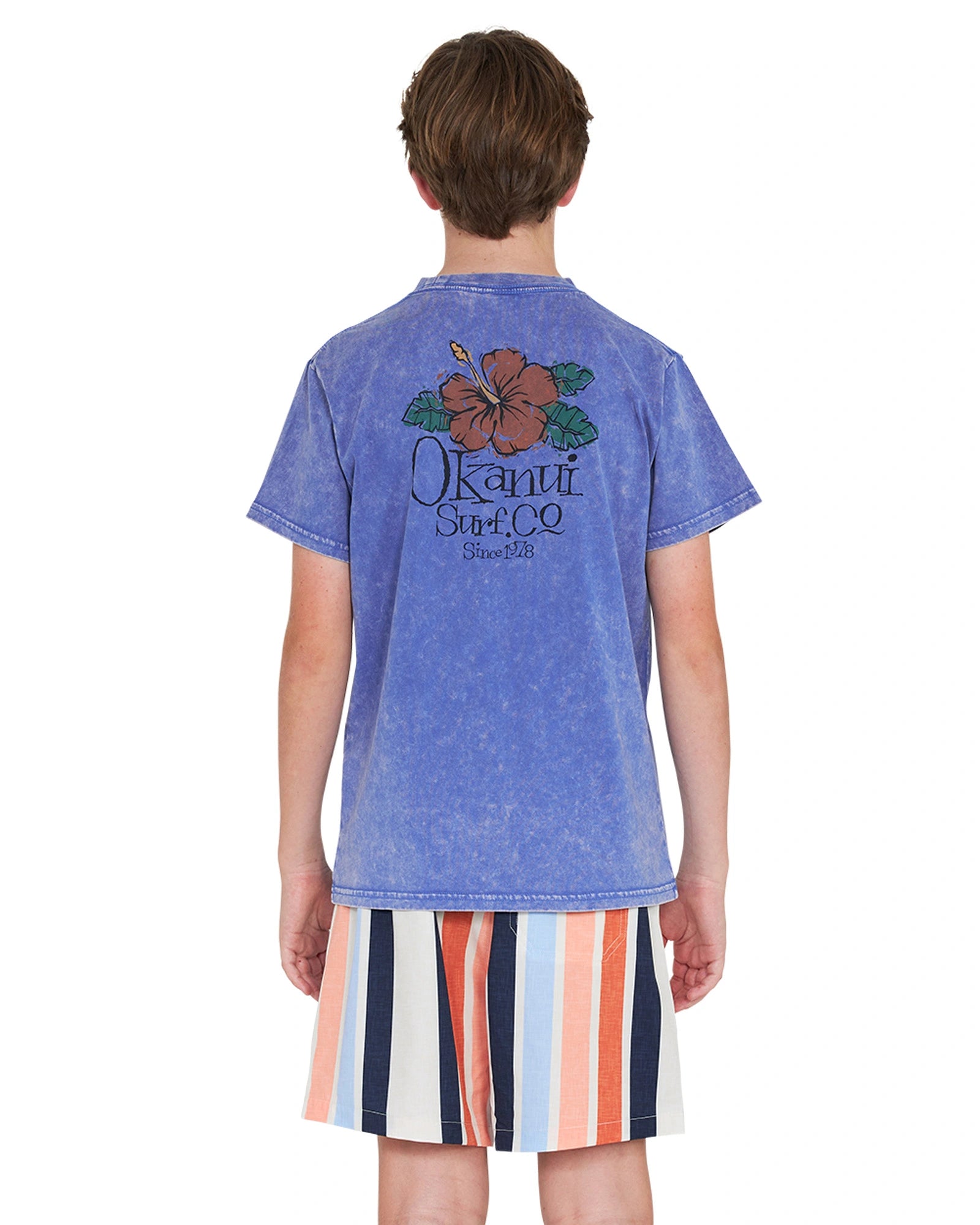 Back view of a boy wearing a blue shirt paired with the Okanui stretch swim shorts in Birch Multi