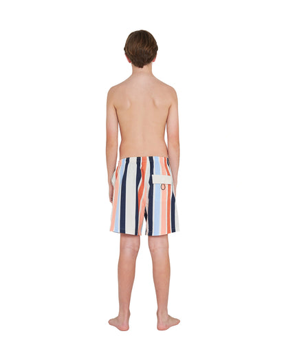 Full body back view of a topless boy wearing the Okanui stretch swim shorts in Birch Multi