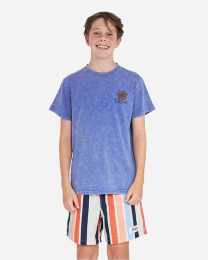 Front view of a boy in blue shirt paired with the Okanui stretch swim shorts in Birch Multi