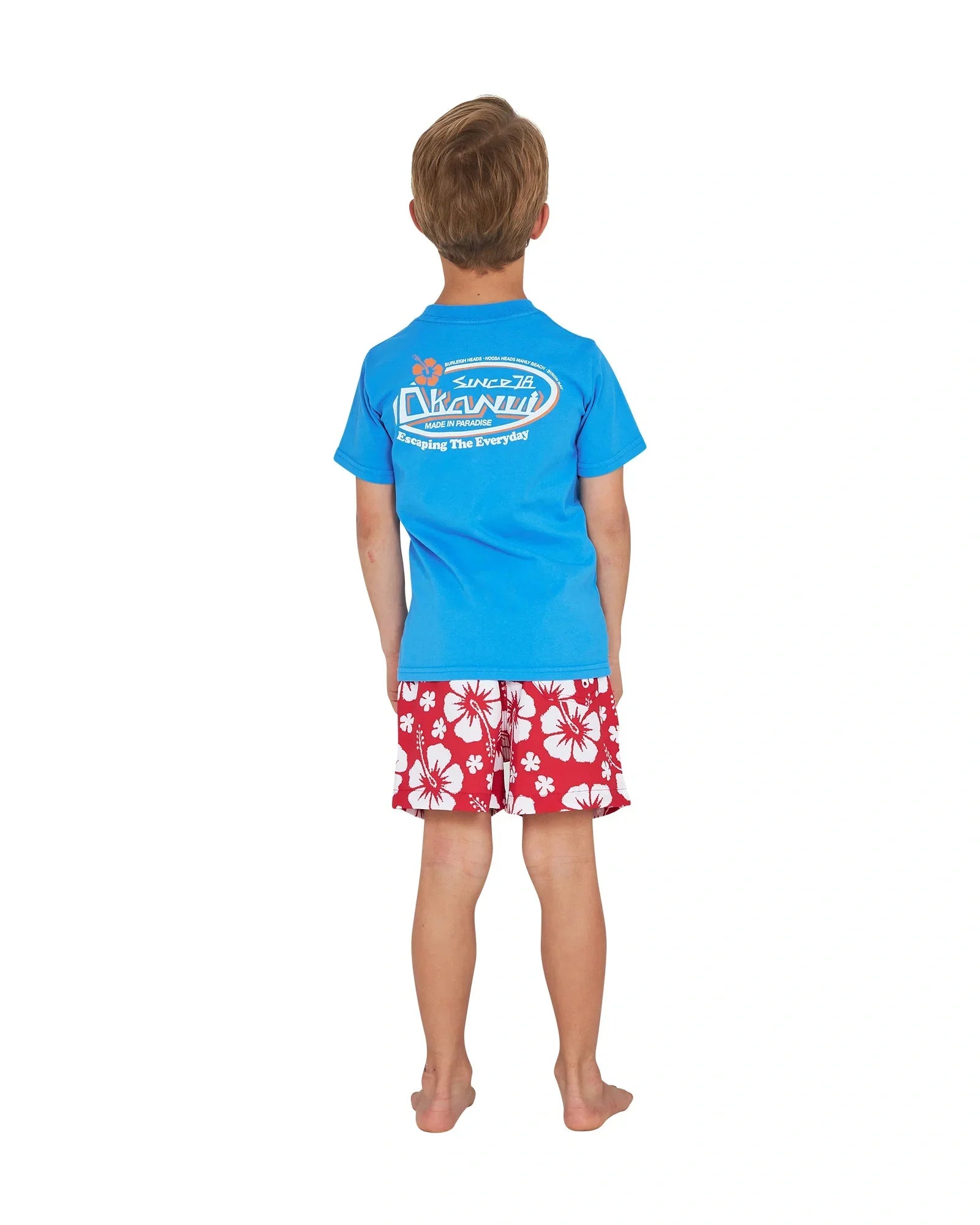 Full body back view of a little boy wearing the Okanui Point Break Tee T-shirt in Washed Blue
