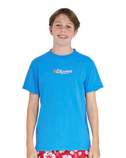 Front view of a boy wearing the Okanui Point Break Tee T-shirt in Washed Blue