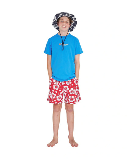 Hands in the pocket pose of boy wearing the Okanui bucket hat paired with the Okanui Point Break Tee T-shirt in Washed Blue
