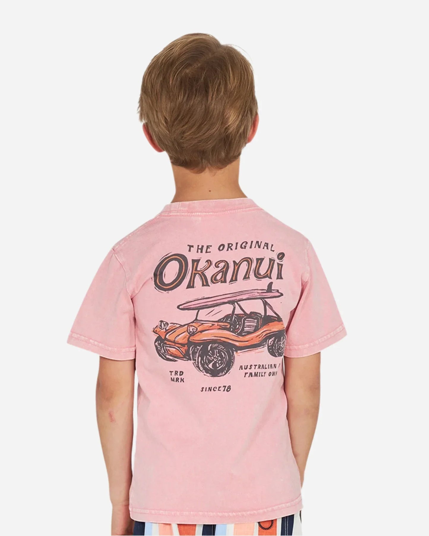 Closeup back view of a little boy wearing the Okanui boys terrain Tee T-shirt in Washed Pink