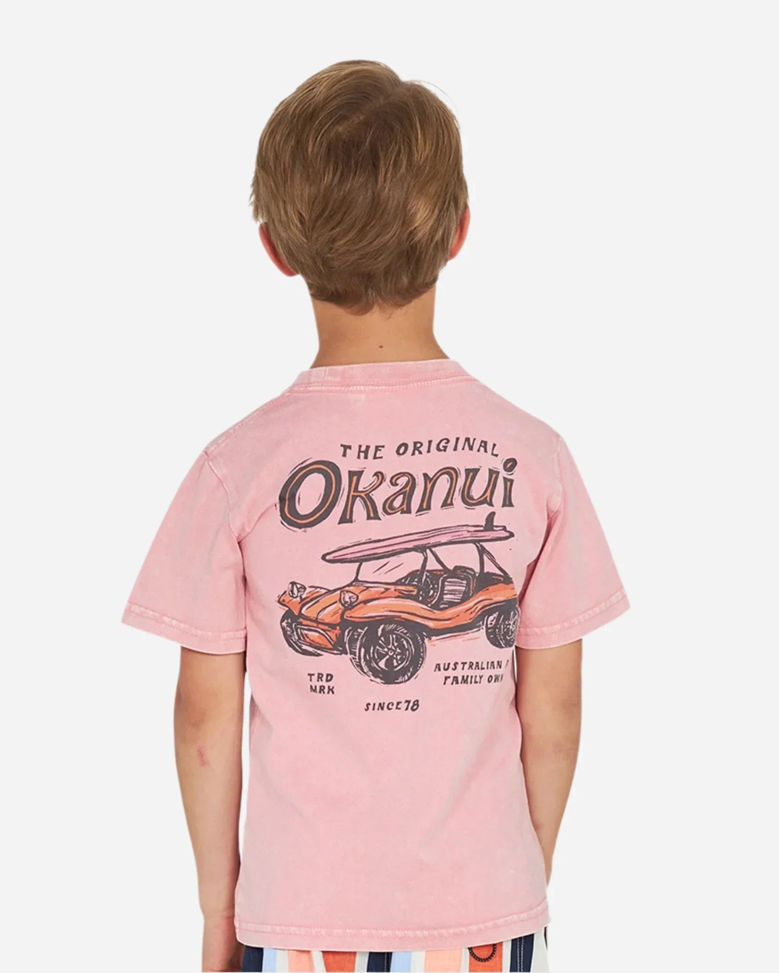 Closeup back view of a little boy wearing the Okanui boys terrain Tee T-shirt in Washed Pink