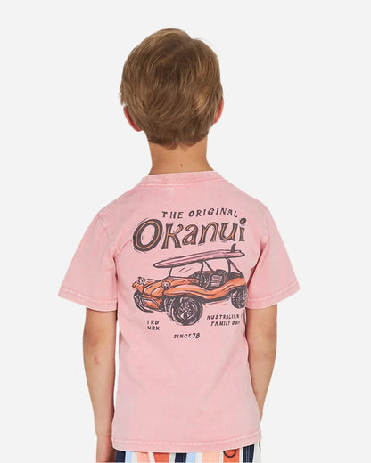 Closeup back view of a little boy wearing the Okanui boys terrain Tee T-shirt in Washed Pink