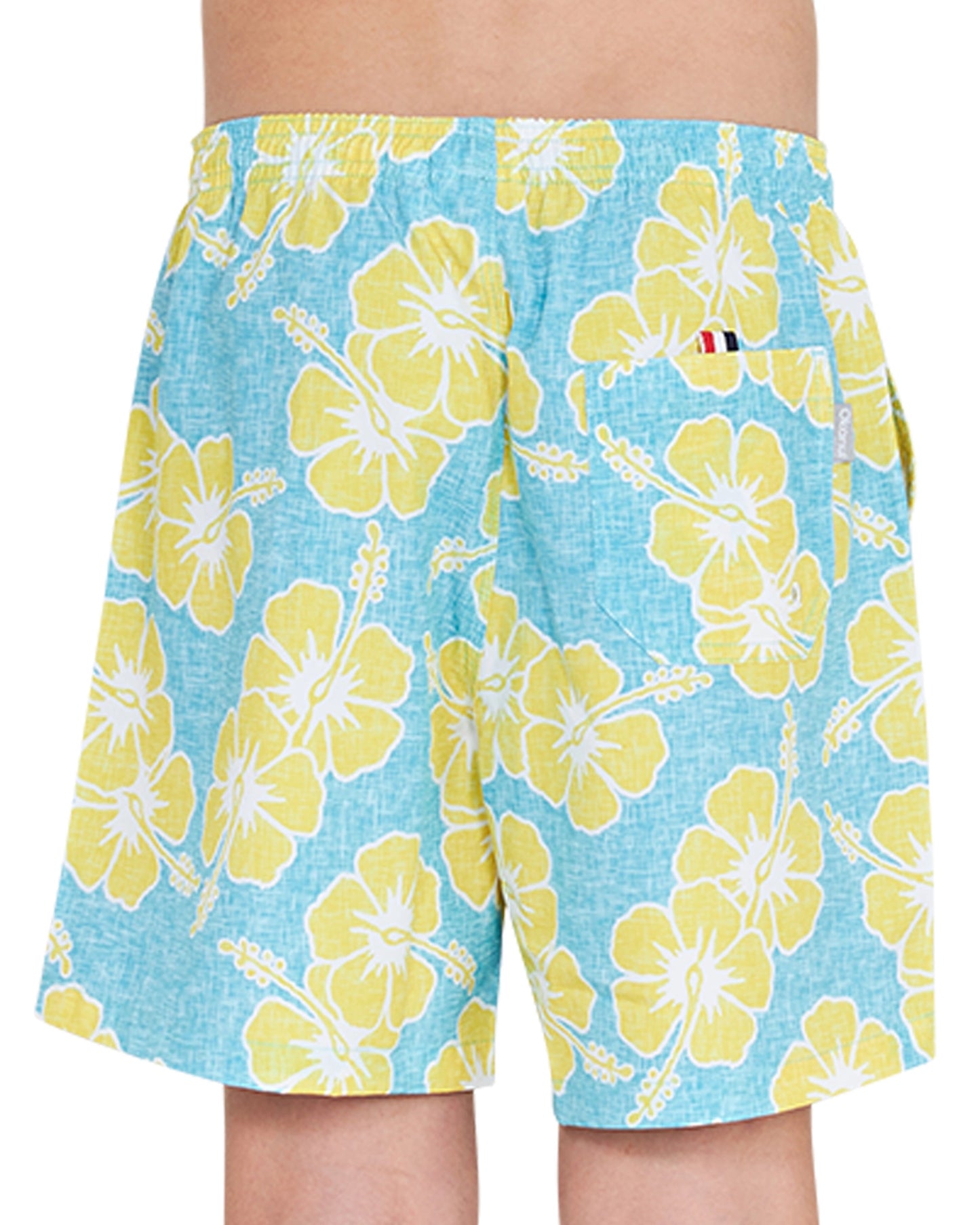 Back view of the Okanui Way Back When stretch swim short in Aqua yellow