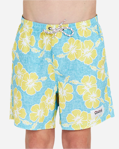 Front view of the Okanui Way Back When stretch swim short in Aqua yellow