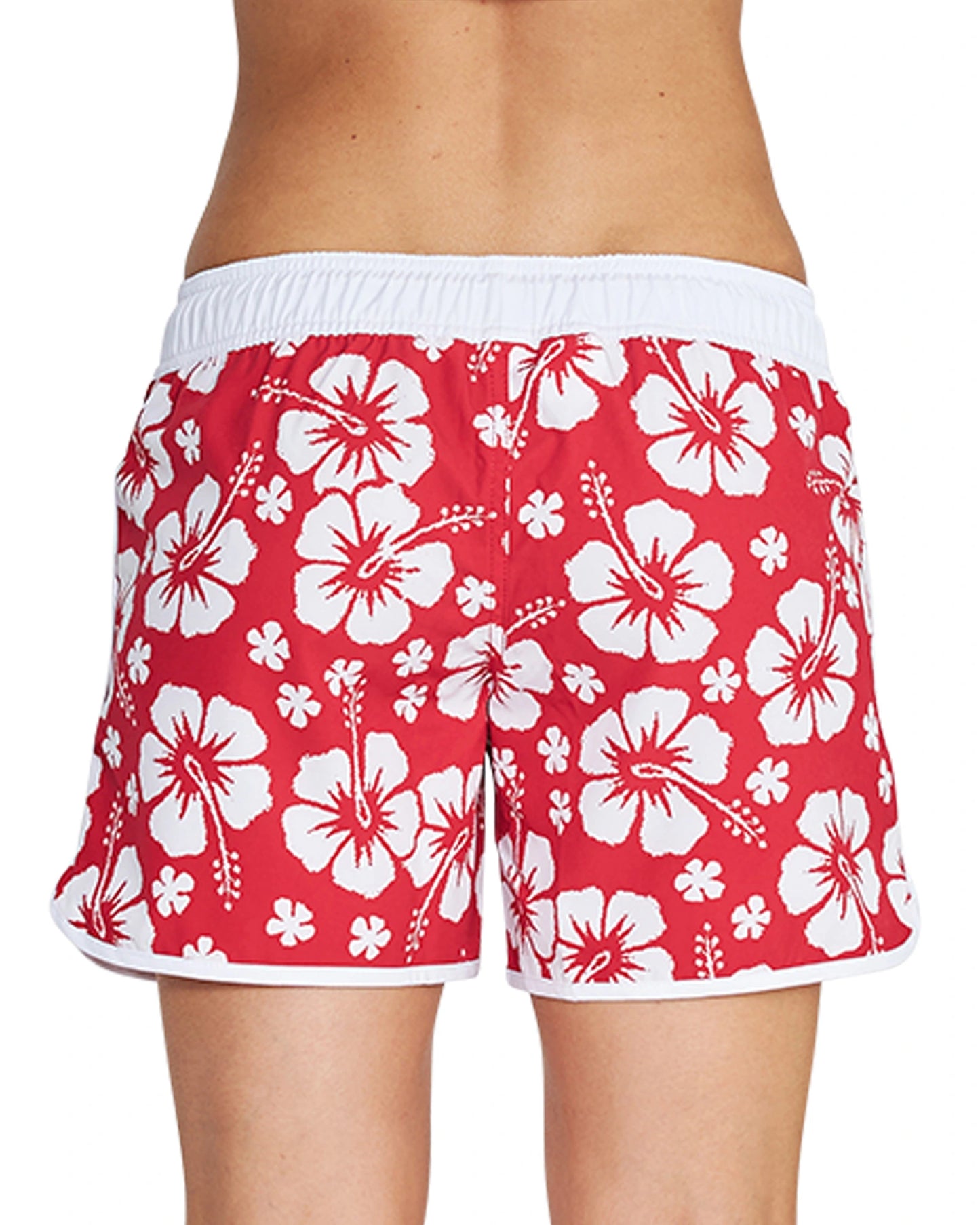 Close up back view of Okanui quick dry swim board shorts for women in Hibiscus Red color