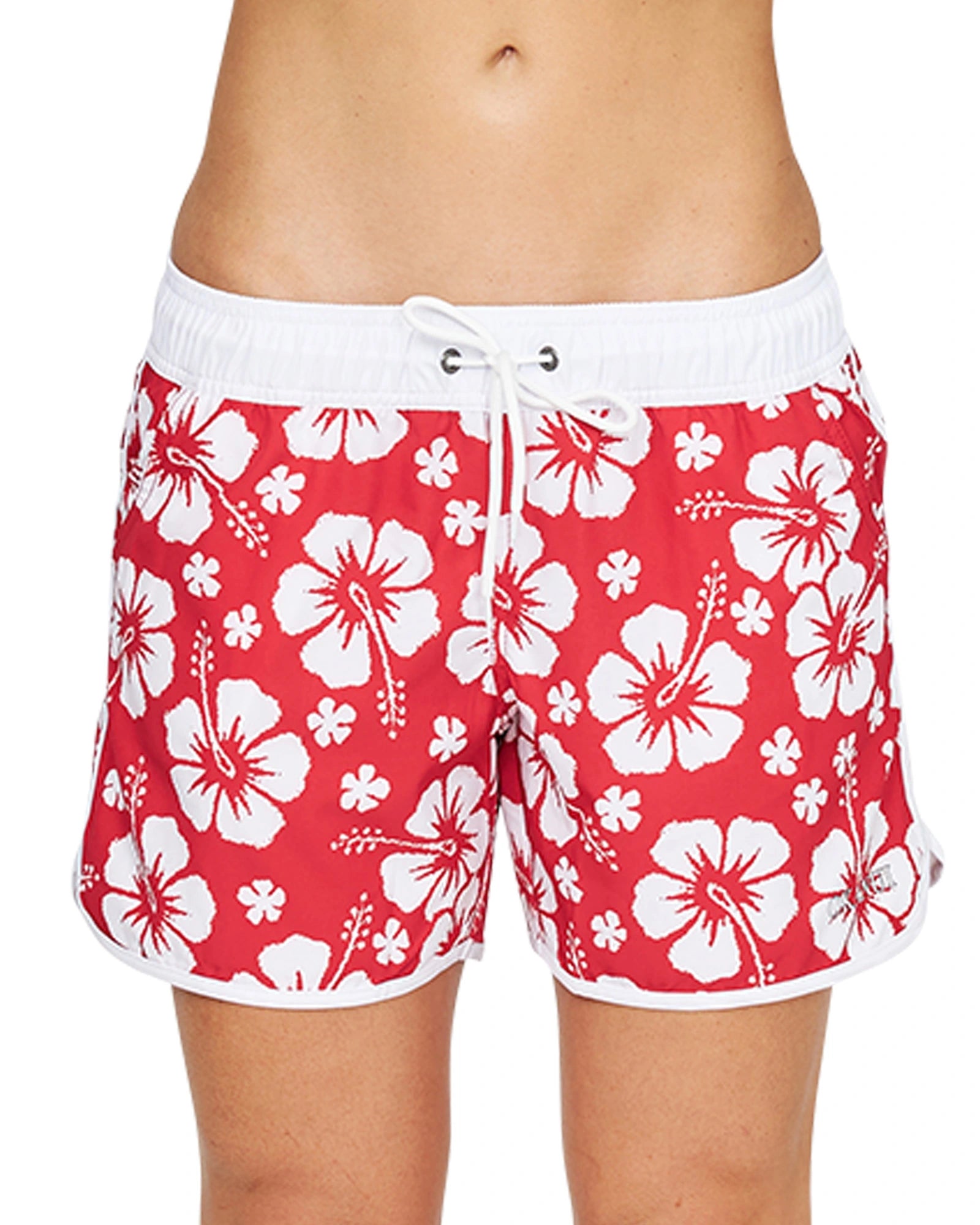 Front view of Okanui women's quick dry swim board shorts in 1978 Hibiscus Red color