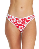 A regular swim pant in hibiscus red showing the front details. 
