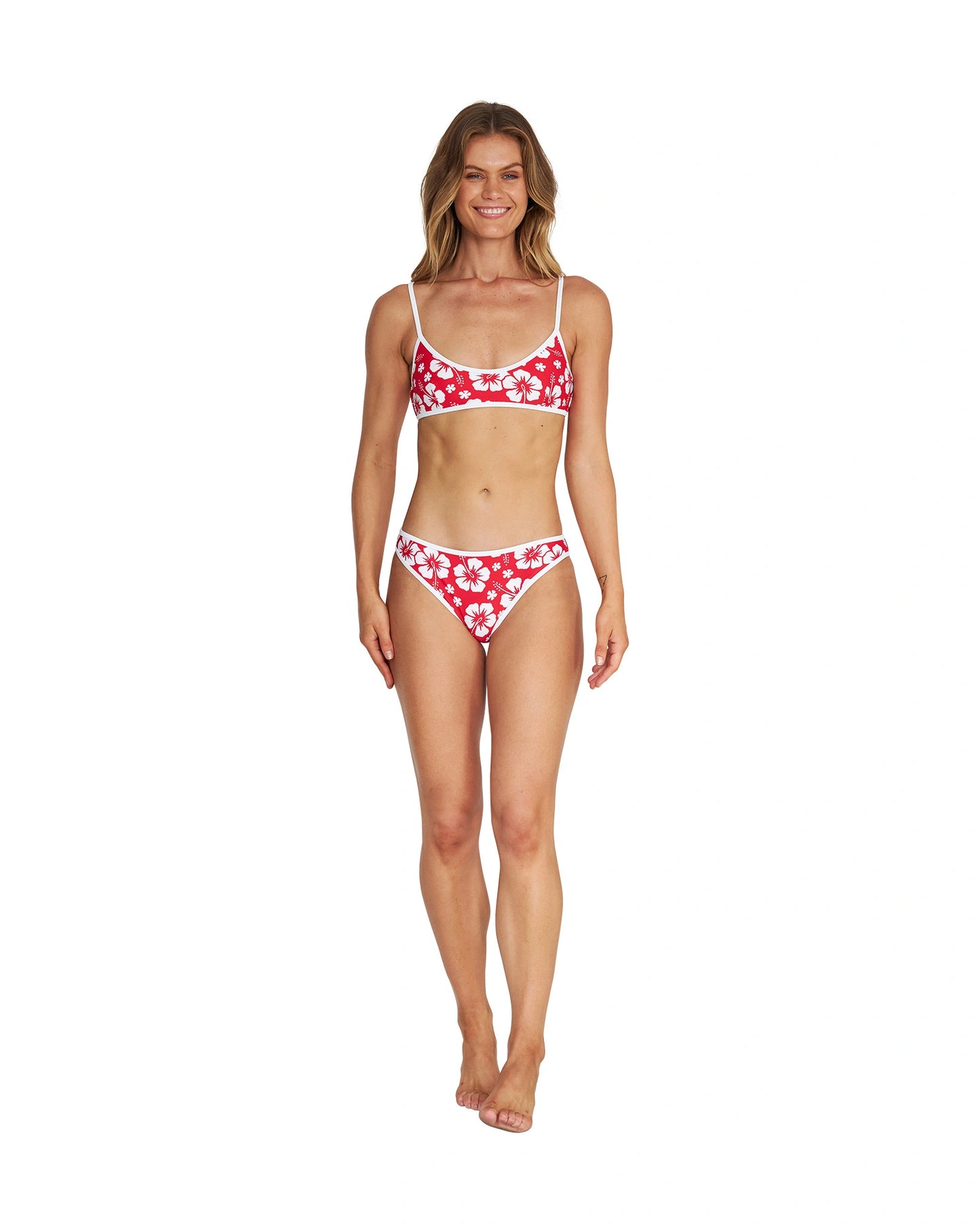 Full body front view of the Okanui 1978 Scoop Neck Swim Top in Hibiscus Red.