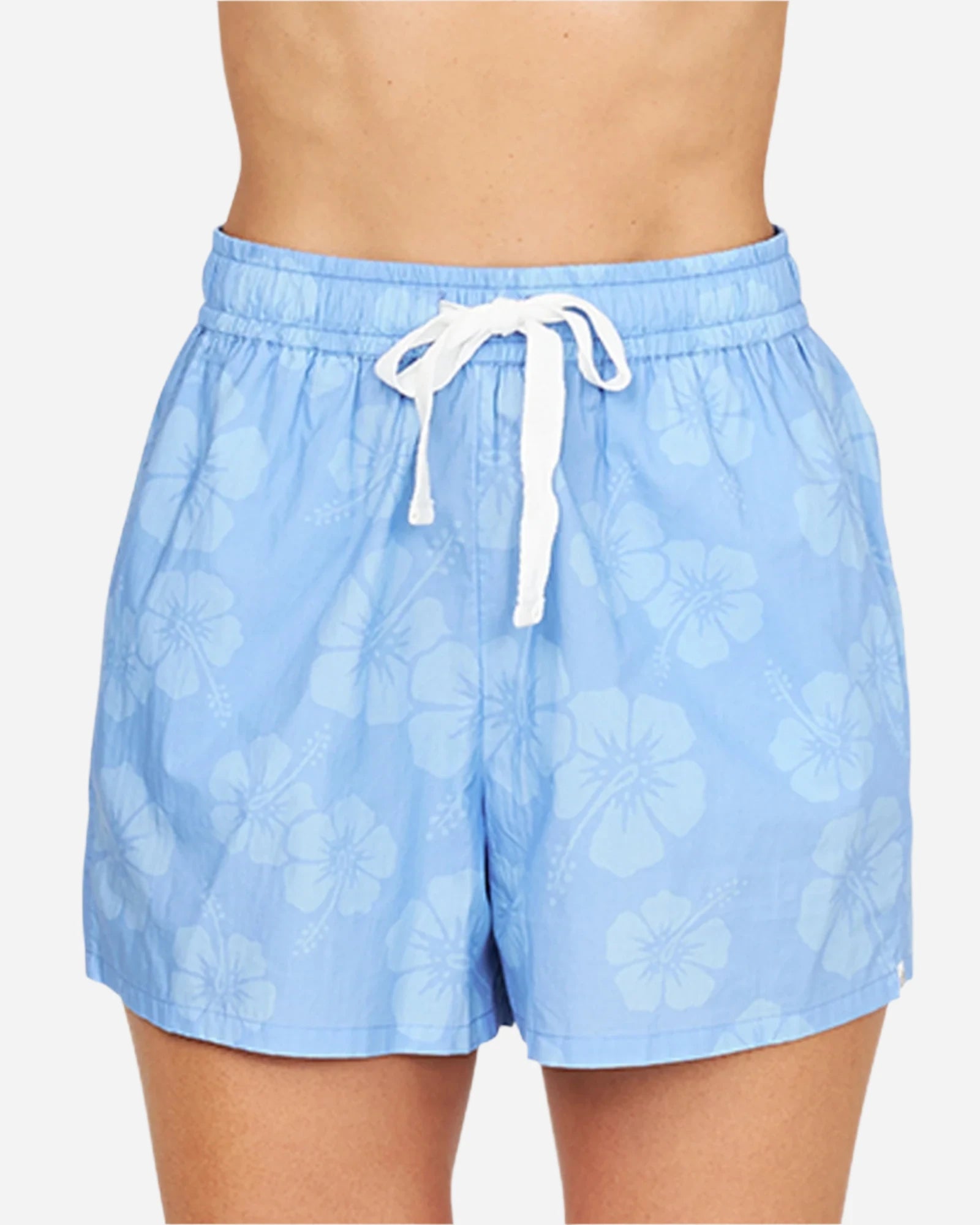 A close up front view of the the Okanui Classic Womens Beach Short in Hibiscus Daydream Blue.