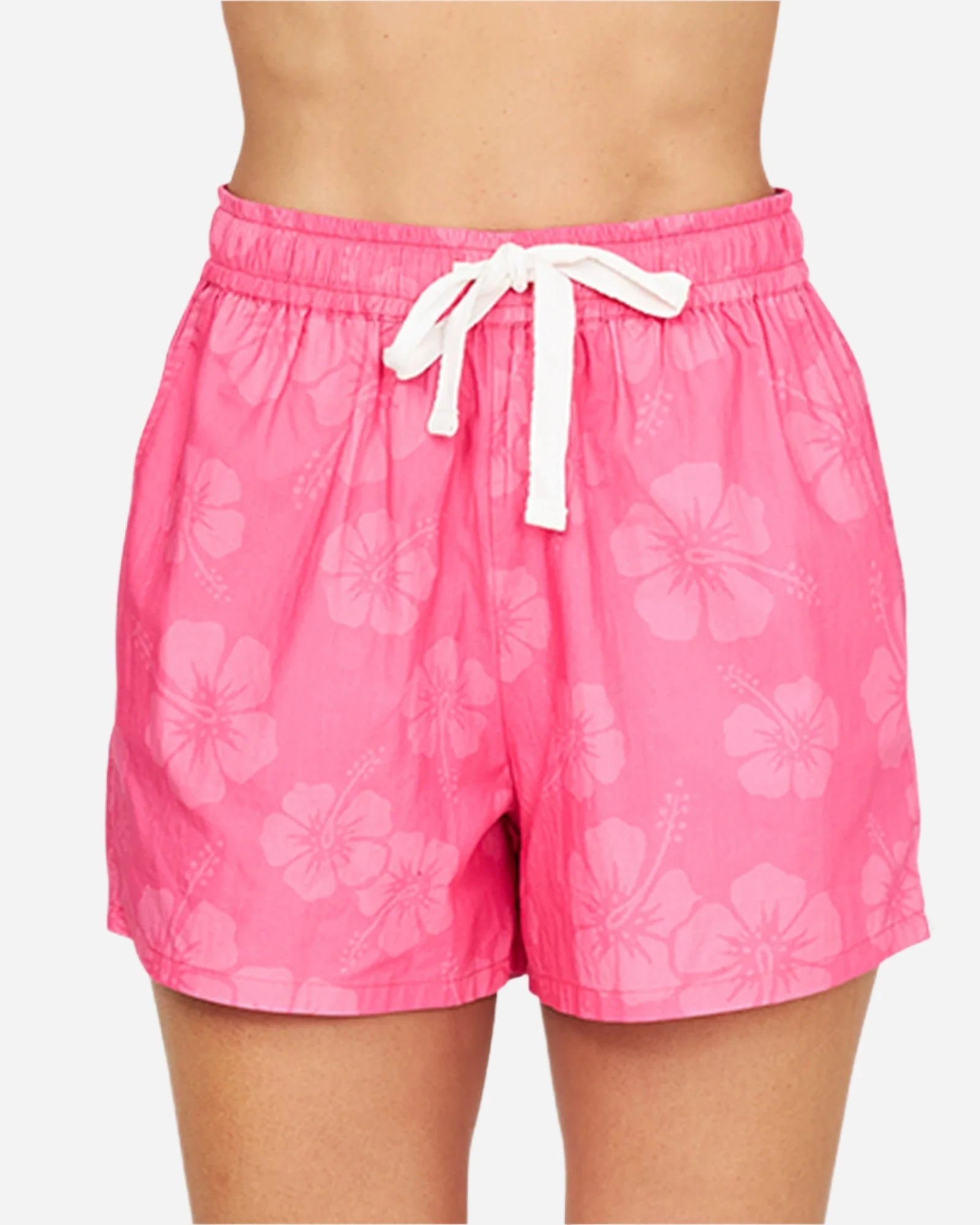 A close up front view of the Okanui Womens Classic Beach Short in Hibiscus Hot Pink.