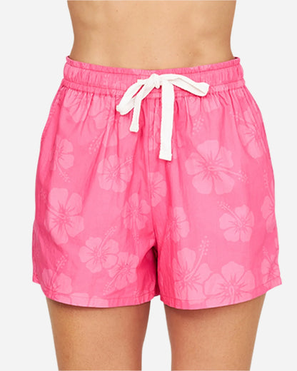 A close up front view of the Okanui Womens Classic Beach Short in Hibiscus Hot Pink.