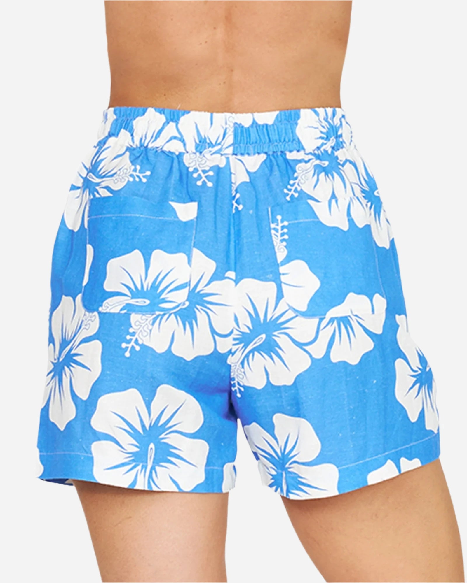 Close up back view of the Okanui OG Paradise Beach Short in Hibiscus Bold Blue.