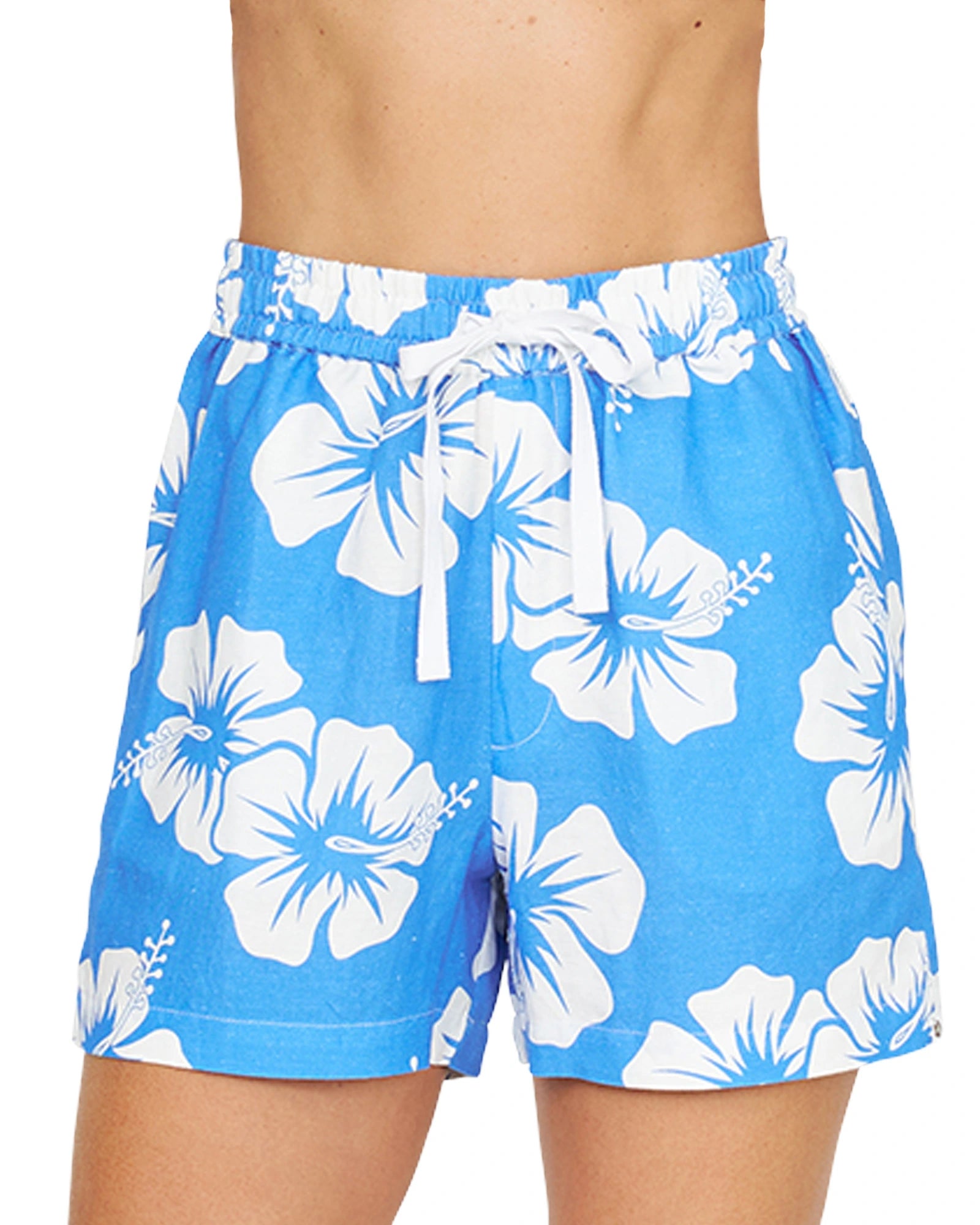 Close up front view of the Okanui OG Paradise Beach Short in Hibiscus Bold Blue.