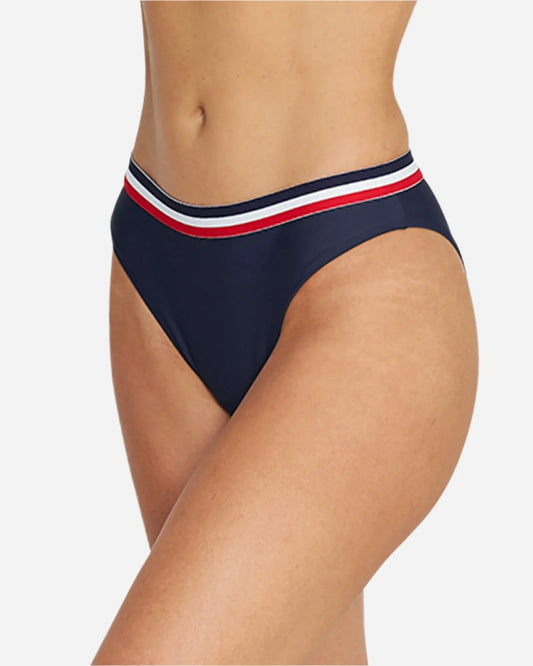 a navy colored, high-cut bikini pant showing the side details.