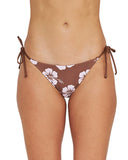 A hibiscus coco pink bikini bottom with tie sides showing the front details. 