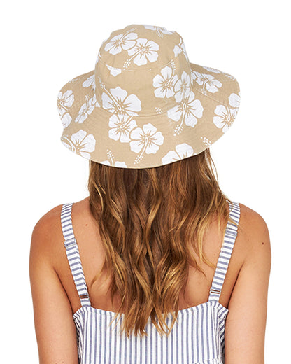 Back view of the Okanui reversible bucket hat  Hibiscus side print in stone