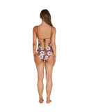Brown hibiscus flower Okanui summer one-piece revealing the reverse design.