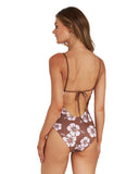 The brown hibiscus flower Okanui summer one-piece reveals the back crossover design.