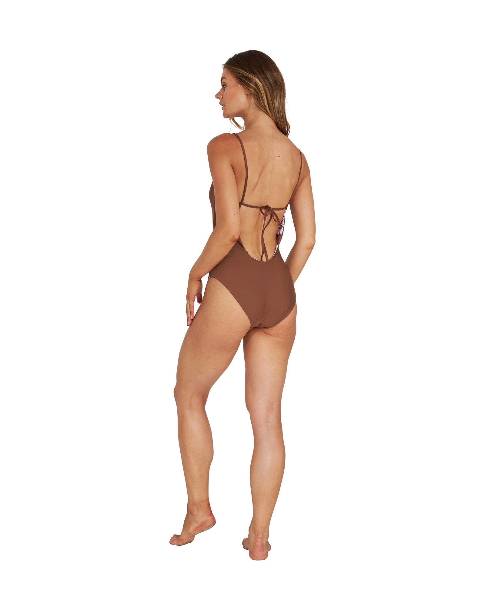 One piece, brown-colored Okanui scoop neckline revealing the back details.