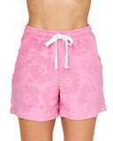 A close up front view of the Okanui Womens Weekender Terry Short in Hibiscus Pink. 